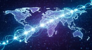 Create a futuristic digital network illustration showing quantum entanglement between glowing qubits over a global map. Include neon-blue and purple tones, with lines representing ultra-fast data transmission, and a subtle digital grid background for a hi-tech, cyber-inspired look.