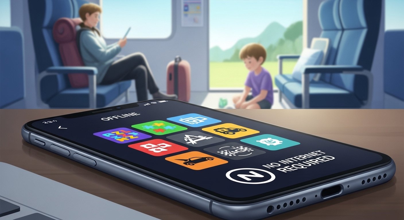 A modern smartphone lying on a desk with the screen showing colorful offline mobile games icons (puzzle, adventure, racing) with a clear “No Internet Required” symbol. The background shows a traveler on a train and a child playing peacefully, symbolizing offline play anywhere. Bright, clean, futuristic illustration style, soft lighting, minimal UI, vibrant colors, 4K resolution, digital art, tech and gaming theme, 2026 vibe.