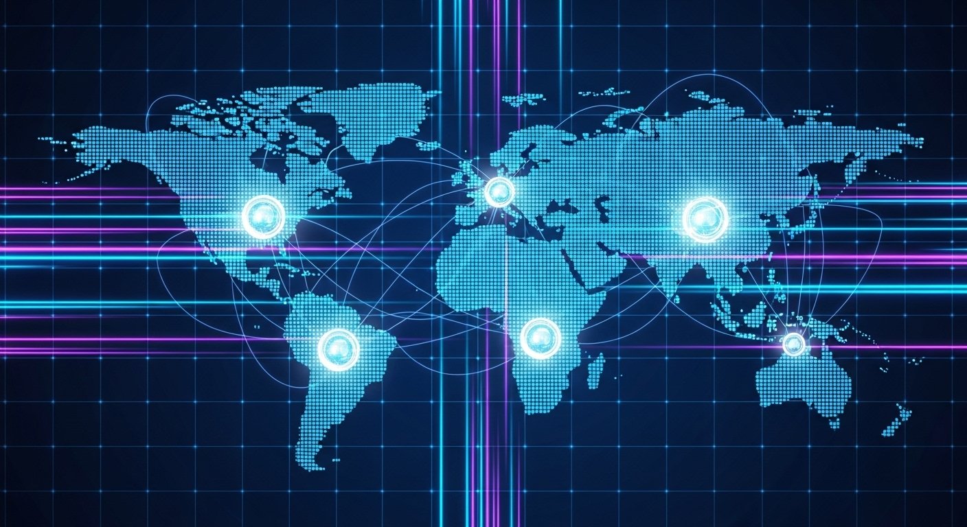 Create a futuristic digital network illustration showing quantum entanglement between glowing qubits over a global map. Include neon-blue and purple tones, with lines representing ultra-fast data transmission, and a subtle digital grid background for a hi-tech, cyber-inspired look.