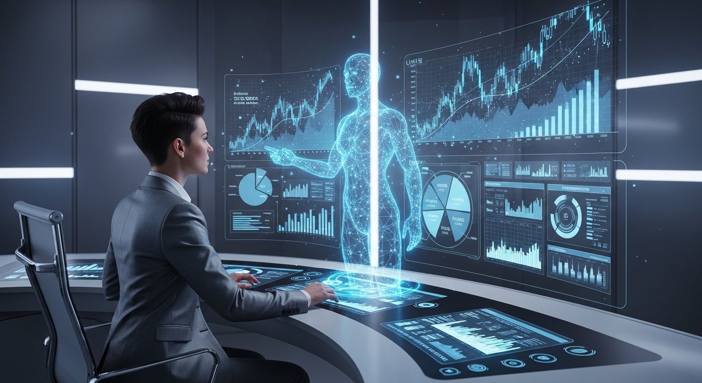 Create a futuristic financial scene showing a digital AI advisor hologram analyzing investment charts for a person in a modern workspace. Include glowing data dashboards, stock market graphs, and robotic interface elements. Style should be sleek, high-tech, and professional with blue and neon accents.
