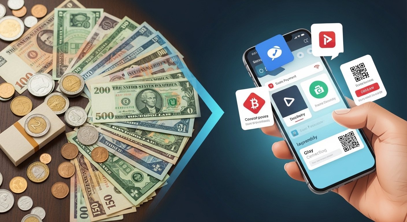 Split image showing physical cash and coins on one side and digital payment apps on smartphone on the other side, transition from traditional money to cashless system, clean infographic style, modern tech design
